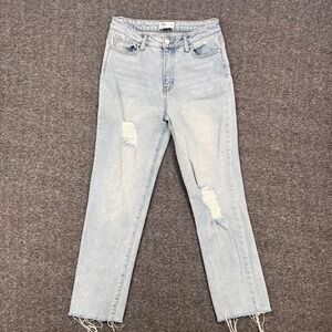 TINSEL Womens High Rise Distressed Straight Leg Jeans Light Wash Raw Hem 27